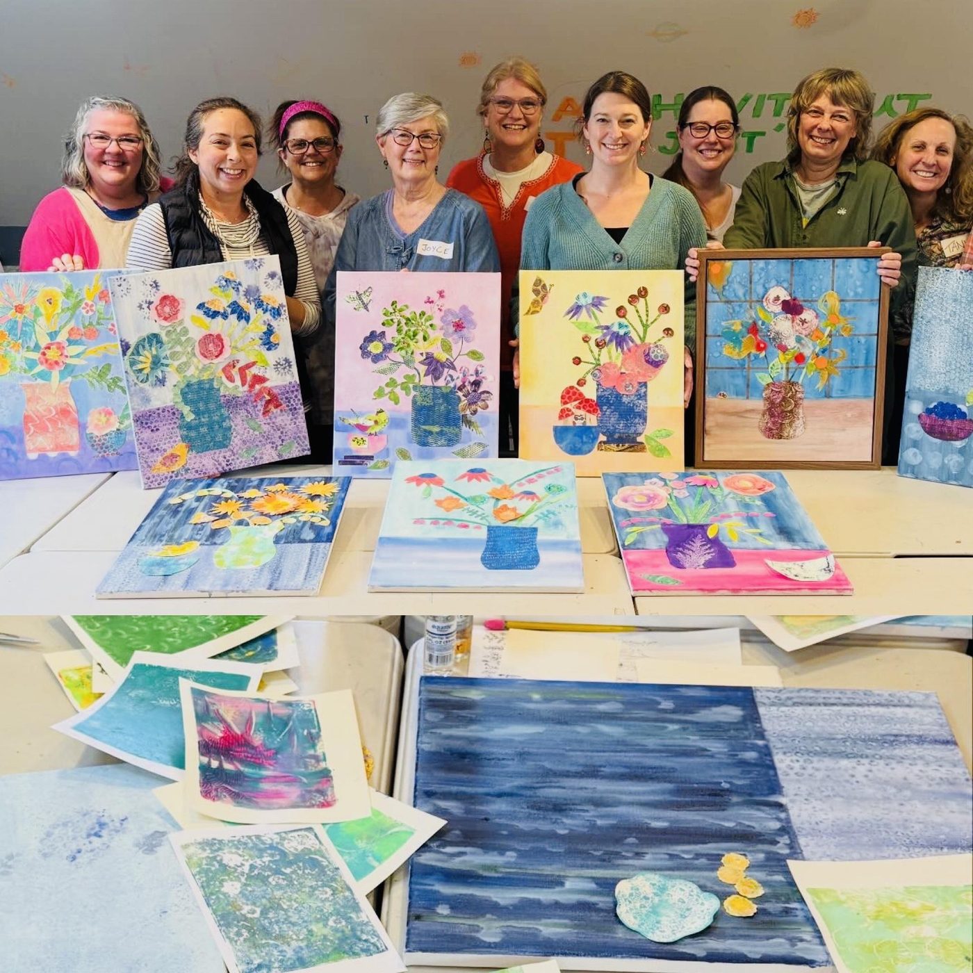 Students in one of Anna's classes with their finished floral collage paintings